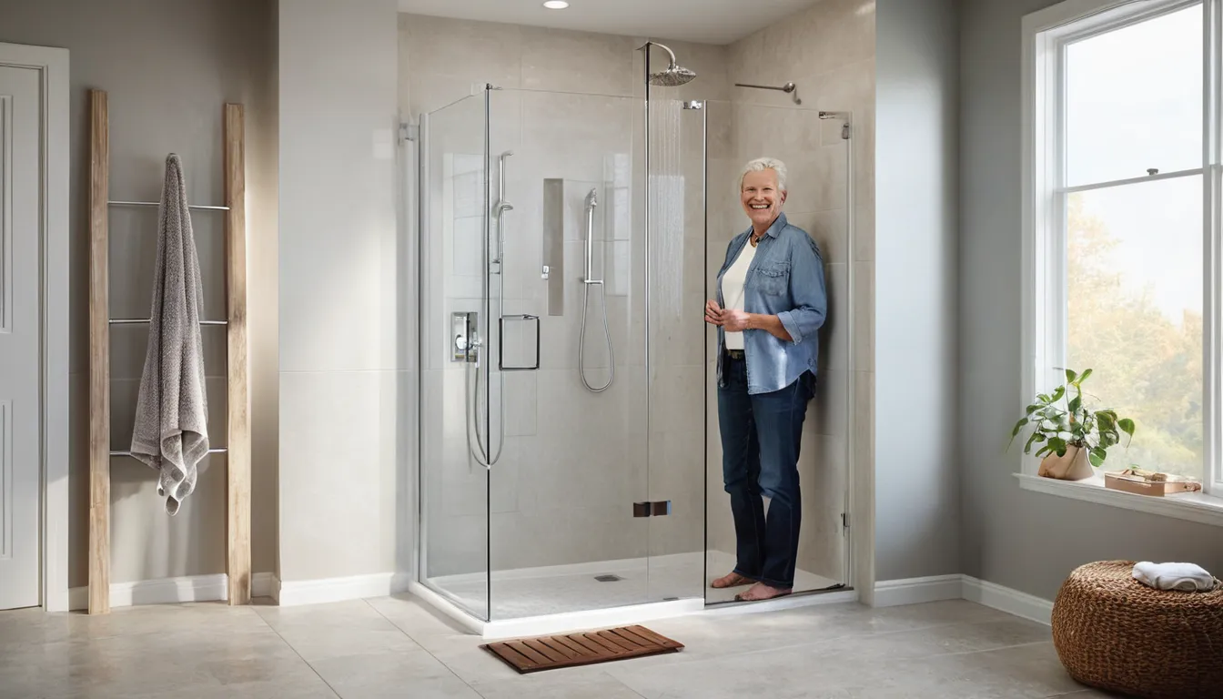 Homeowner reviewing a new low-entry shower in a bright bathroom in the Tinton Falls area